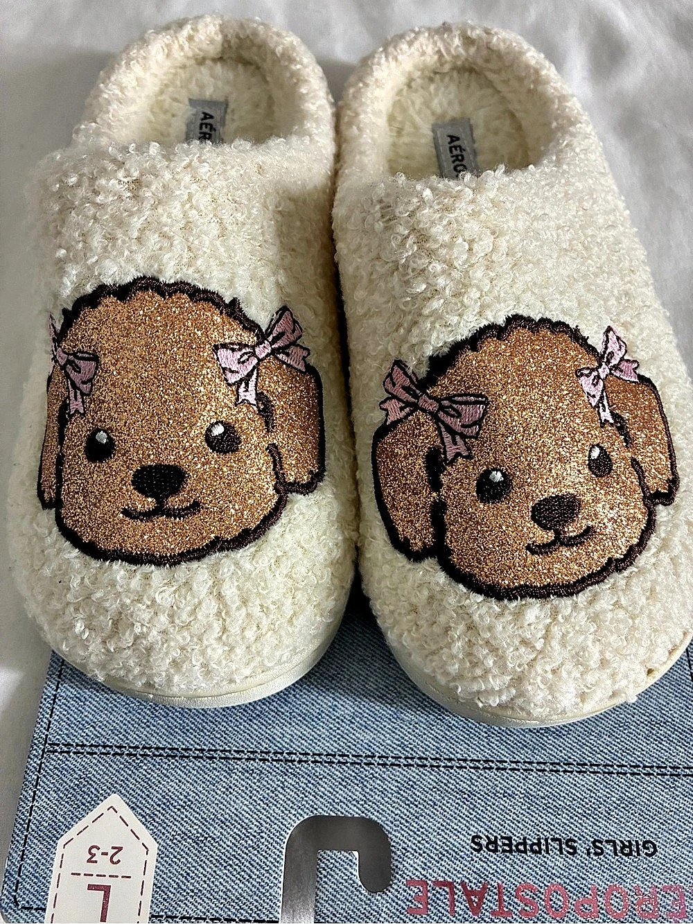 Aeropostale Plush Dog Slippers White & Brown US 7-8 NWT